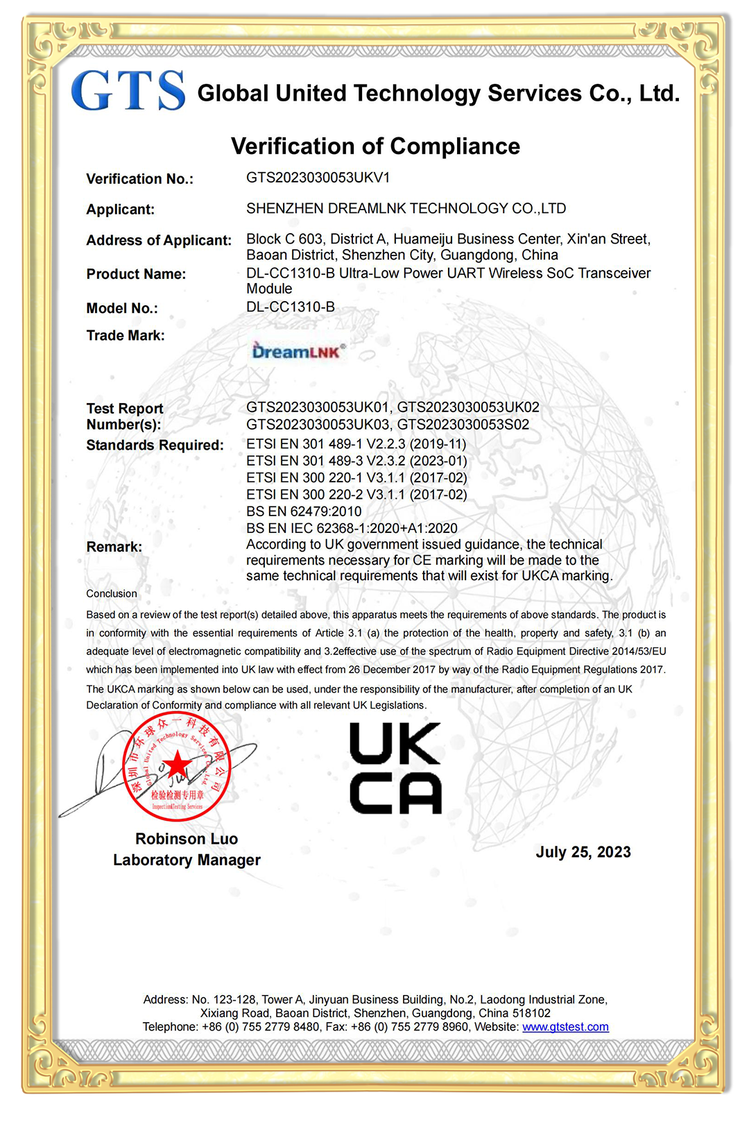 UKCA Certificate of DL-CC1310-B RF module