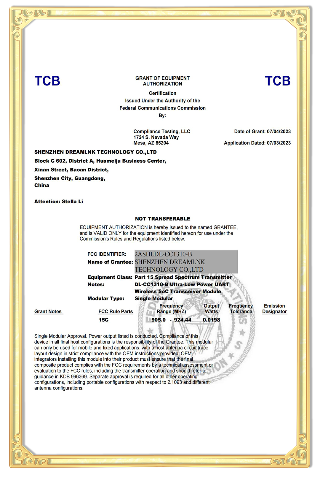 FCC Certificate of DL-CC1310-B RF module