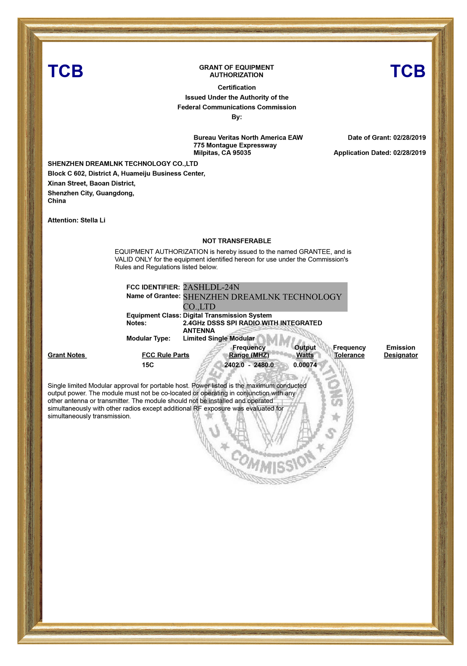 FCC Certificates of DL-24N from DreamLNK